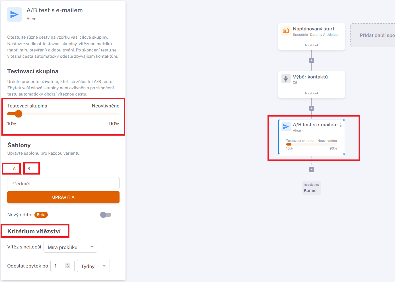 A/B test settings showing a 10% test group, templates A and B, the winning criterion and the delay before sending to the remaining audience