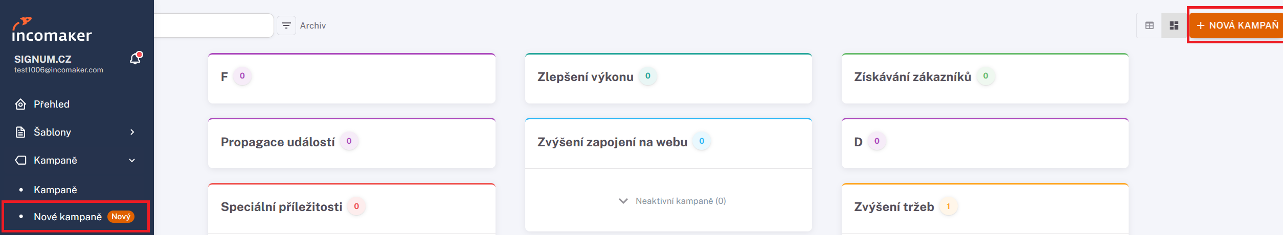Campaigns menu with New campaigns and the New campaign button in the Czech interface