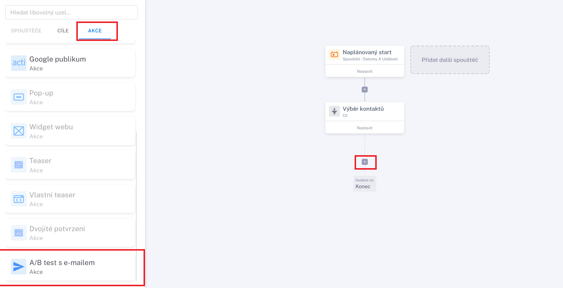 A/B Test with Email action and the insertion point after Contact selection